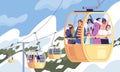 People on cableway. Diversity tourists lifting to mountain in ropeway tram cabin, snowboard ski winter resort panorama