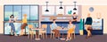 People in cafe with coffee and cakes. Interior design of modern cafeteria vector illustration. Barista at counter