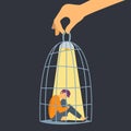 People in cage. Depressed man, hand holding cell with sad boy and lamp. Mental disorder, fear or violence vector