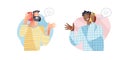 People call on mobile phone and smile set vector illustration. Cartoon freelancer man and black guy character talking