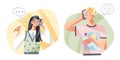 People call on mobile phone and smile set vector illustration. Cartoon freelancer man and woman character talking about