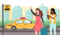 People call taxi. Girls waiting car, tracking transport, tag in mobile app, travelers use yellow city transport, women Royalty Free Stock Photo