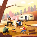 People camping of friends in forest outdoor adventure camp vector flat design