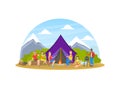 People Camping and Hiking on Nature, Cheerful Tourists in Mountain Landscape, Summer Holidays Adventure Vector Royalty Free Stock Photo