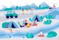 People camping and hiking in nature, vector illustration Royalty Free Stock Photo