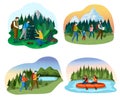 People camping in nature, happy family hiking together, outdoor activity adventure, vector illustration Royalty Free Stock Photo