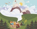 People camping outdoor, man and woman planning route to mountain top, vector illustration