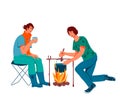 People camping and preparing food on bonfire, flat vector illustration isolated.