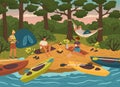 People camping on a river and sitting around fire. Camp site with bonfire, tent and canoe. Water adventure sport vector
