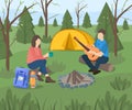 People camping, tourists sitting near fire, playing guitar and cooking, outdoor adventures travel, backpacking trip or Royalty Free Stock Photo