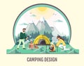 People camping in the wild nature. Mountain landscape. Outdoor adventure. Flat style vector illustration