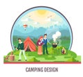 People camping in the wild nature. Outdoor adventure. Flat style vector illustration