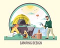 People camping in the wild nature. Outdoor adventure. Flat style vector illustration