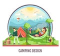 People camping in the wild nature. Outdoor adventure. Flat style vector illustration