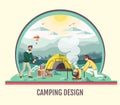 People camping in the wild nature. Outdoor adventure. Flat style vector illustration