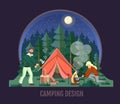 People camping in the wild nature. Outdoor adventure. Flat style vector illustration. Night scene