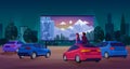 People in car cinema concept vector illustration, cartoon couple driver characters watching movie at big screen of open Royalty Free Stock Photo