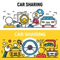 People car sharing banner set, outline style