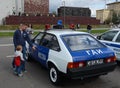 People at the car of the state automobile inspection `Moskvich-2141` at the exhibition of old technology