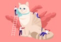 People Caress of Pet. Tiny Male and Female Characters on Ladders Caring of Huge Cat, Feed, Play, Dressing Ribbon on Neck. Leisure