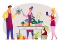 People caring for houseplants, woman with magnifying glass examines plant, man holds potted flower. Gardeners in aprons