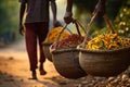 People carry baskets with a harvest of herbs. Indian, Asian or Mexican spices