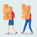People carrying boxes stack. Cartoon man and woman with heavy carton box pile. Family couple carry packages. House