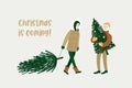 People carrying christmas tree. Happy people. Preparing for holidays. Greeting card. Vector illustration
