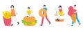 People carrying fast food. Tiny characters with huge burger, donut, french fries and ice cream flat vector illustration set on