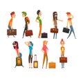People carrying heavy suitcases set, young man and woman traveling on vacation cartoon vector Illustration on a white Royalty Free Stock Photo