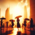 city heat wave people umbrellas