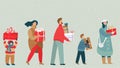 People cartoon characters carrying Christmas presents, family vector illustration