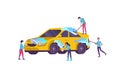 People cartoon characters cleaning vehicle with special equipment. Car wash service, automatic carwash concept. Vector