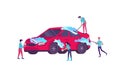 People cartoon characters cleaning vehicle with special equipment. Car wash service, automatic carwash concept. Vector