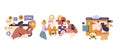 People cartoon characters programming, coding and designing website vector illustration set Royalty Free Stock Photo