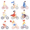 People in Casual Clothes Riding Bicycles Set, Cycling Men and Women Exercising, Relaxing or Going to Work Vector Royalty Free Stock Photo