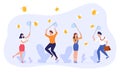 People catch money vector illustration, cartoon flat employee group characters holding nets, jumping, catching flying