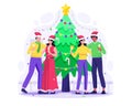 People celebrate Christmas and new year. Two Couples Man and woman with champagne near a Christmas tree. Vector illustration