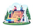 People celebrate International Literacy day by relaxing while reading books in a book-shaped tent. Vector illustration