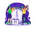 People celebrate new year`s eve with a giant clock showing 12 o`clock at night. A Couple playing with firecrackers and fireworks Royalty Free Stock Photo