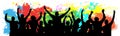 People celebrate silhouette. Cheer youth. Crowd friends cheer. Colorful background vector illustration