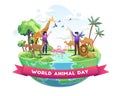 People Celebrate World Animal Day. Animals on the planet, Wildlife Day with the animals. Vector Illustration