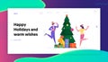 People Celebrate Xmas Party in Office Website Landing Page. Happy Workers Having Fun Dancing at Decorated Christmas Tree