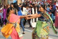 People celebrating at the border flag lowering ceremony