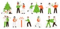 People celebrating Christmas, winter friends and family holidays. Characters give presents and decorating xmas tree vector