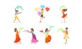 People Celebrating Festival of Color Holi Vector Set