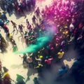 People celebrating Holi festival celebrations in India . Drone view Royalty Free Stock Photo
