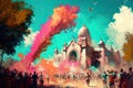 People celebrating the Holi festival of colors on big square near nice buildings. Red colored powser flying against blue sky. AI