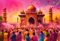 People celebrating Holi festival in front of temple Generative AI