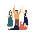 People celebrating New Year flat vector illustration. Cheerful friends, family in joyful mood with sparklers drinking